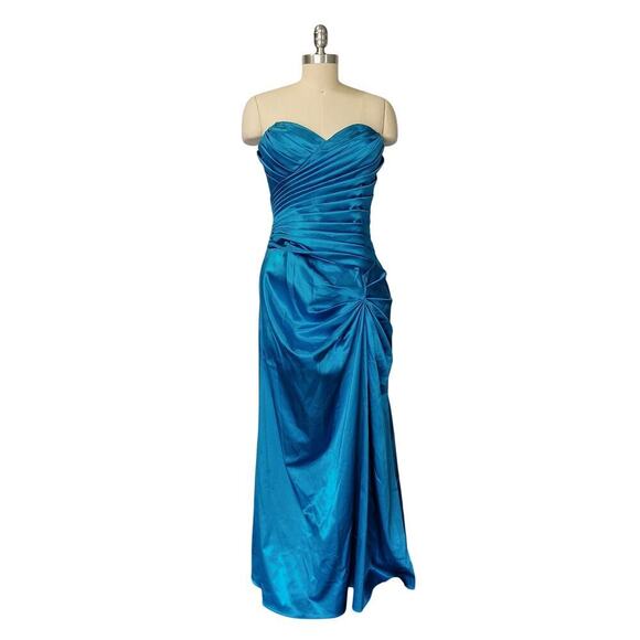 90s Y2K Prom Dress Maxi Gown Size L Teal Strapless Ruched Satin Formal Dance - Picture 2 of 11